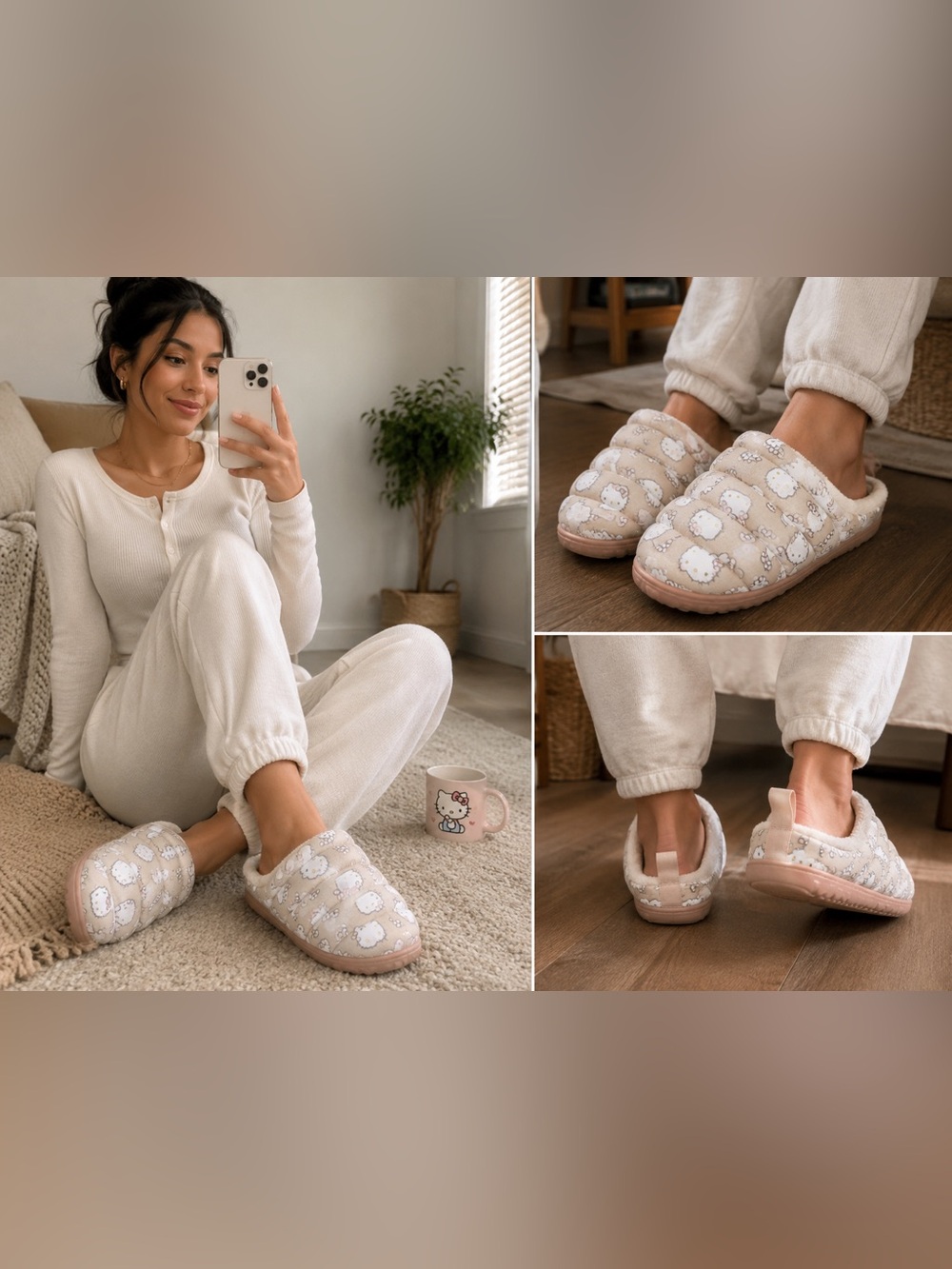 Hello Kitty Beige and White Cloud Slip-On Women's Slippers